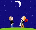 Two school children at night look at the starry sky Royalty Free Stock Photo